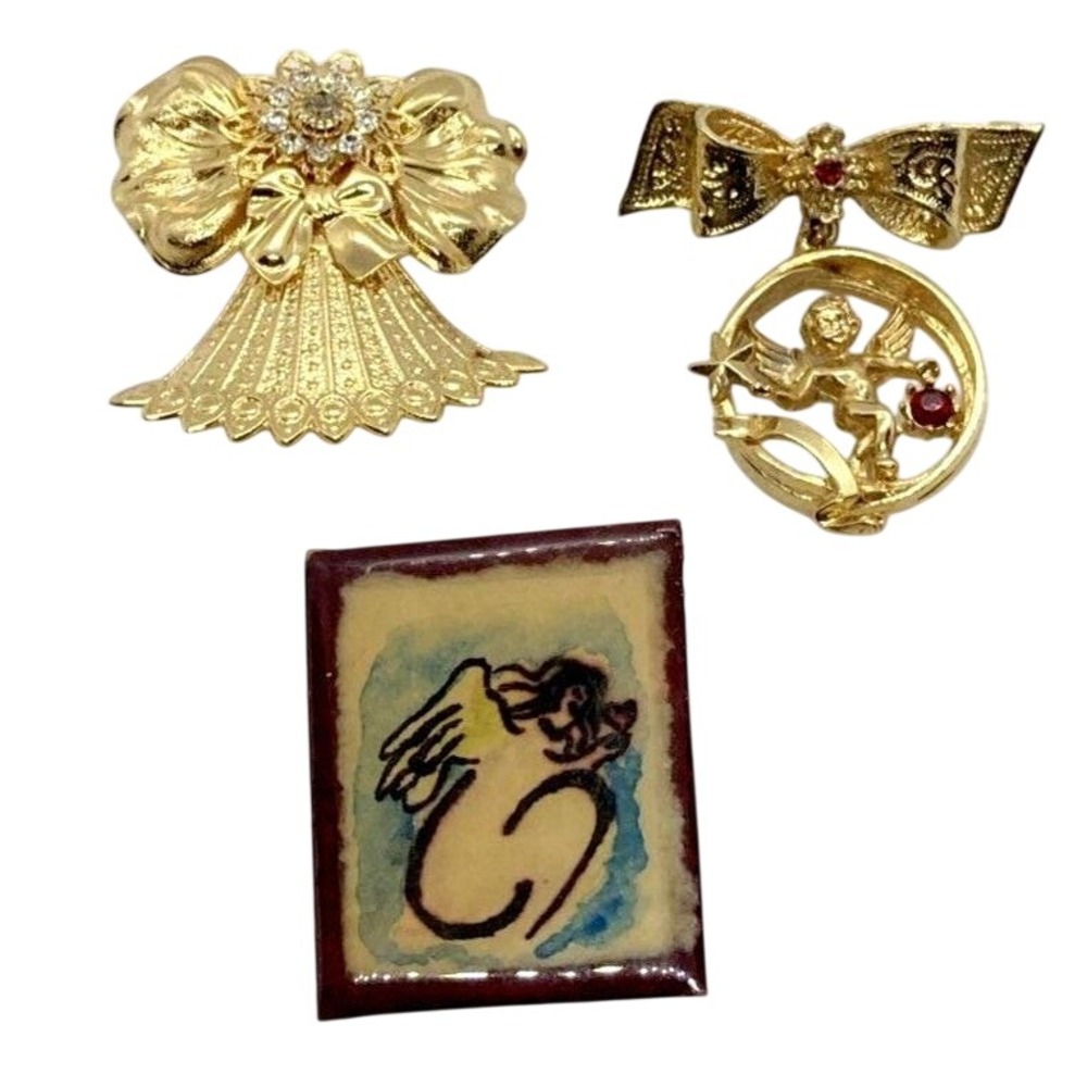 Vintage Lot of 3 Gold Tone Angel Brooch Pin 1999 Jane AOL '93 Red Rhinestone
